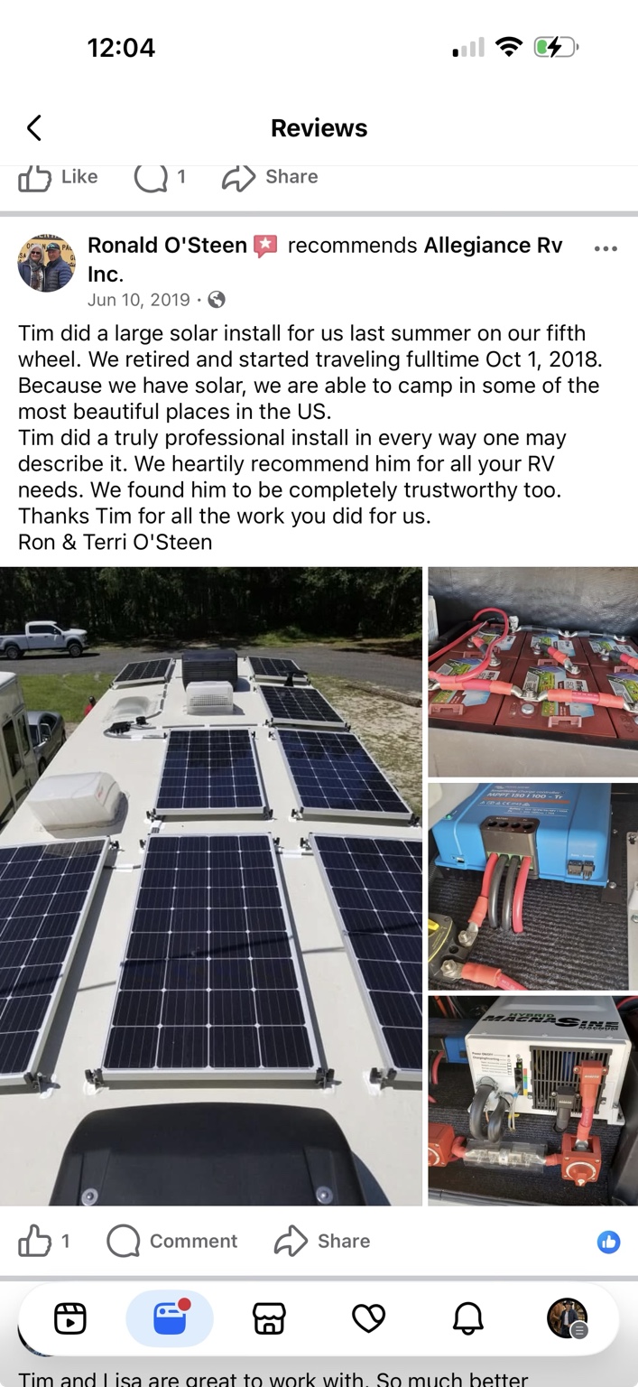 Ronald O’Steen’s photos of solar panels on a fifth-wheel roof, batteries, charge controller, and inverter installed by Tim