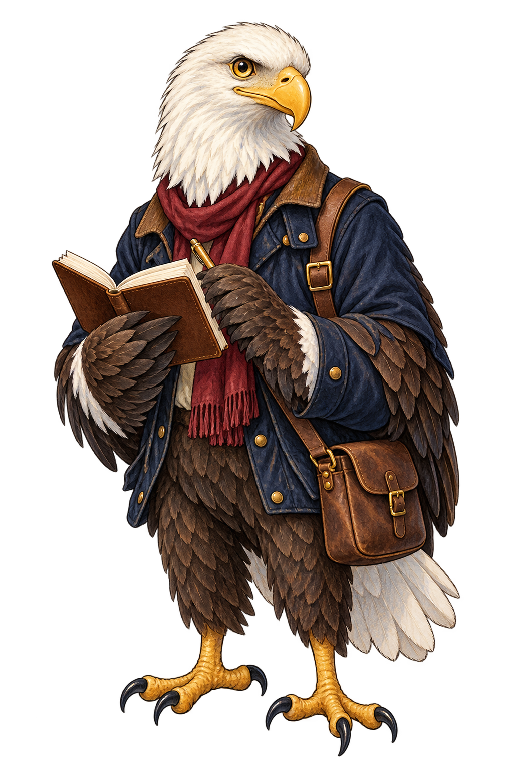 Scout, Allegiance’s illustrated eagle RV guide, with a road notebook